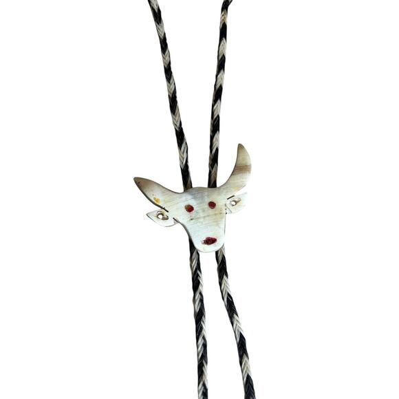 Vintage Horse Hair Bolo Tie Steer Head Western Longhorn   Skull Looks Handmade - Picture 2 of 9